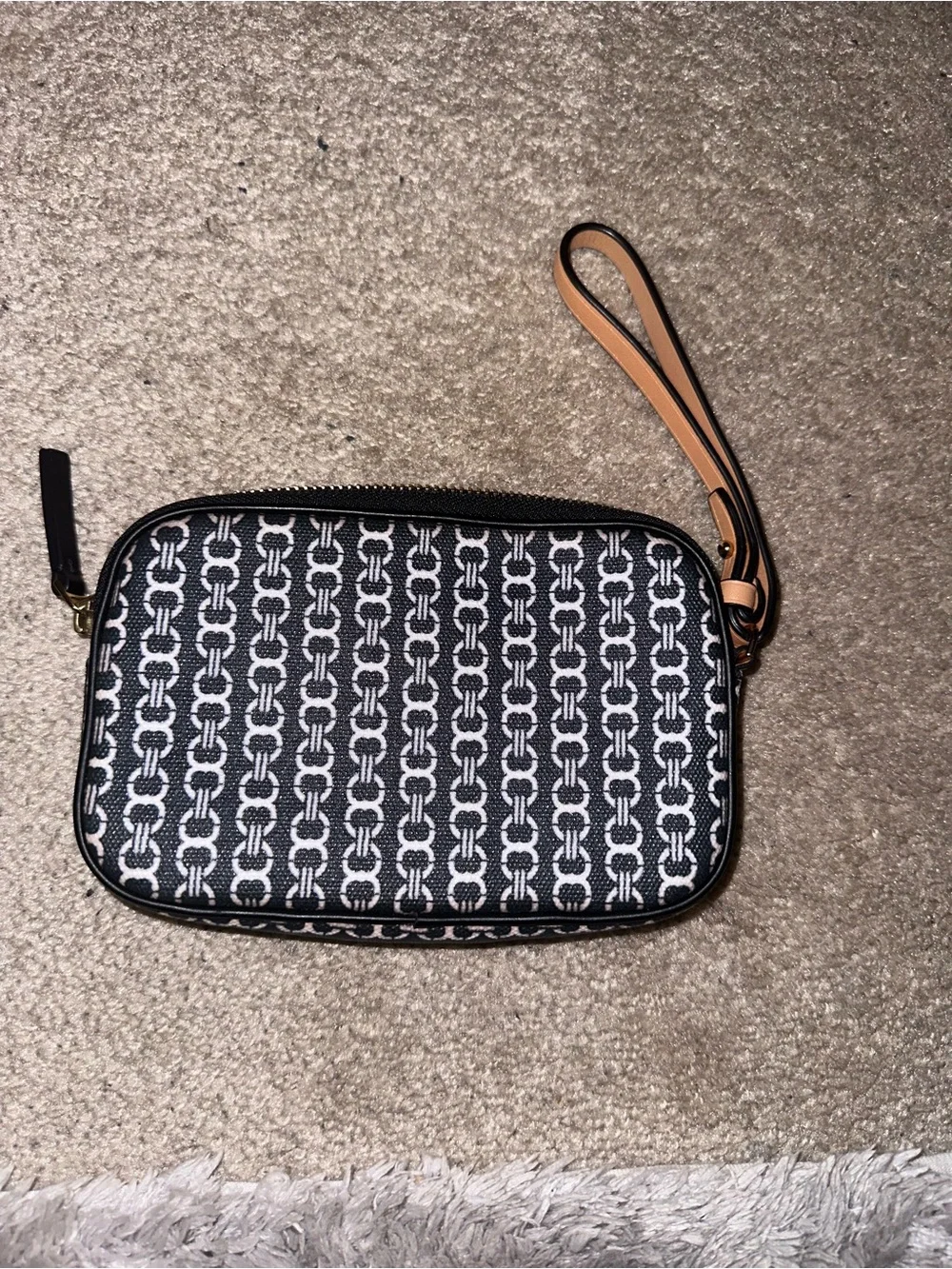 Tory Burch Black and White Patterned Wristlet with Tan Strap